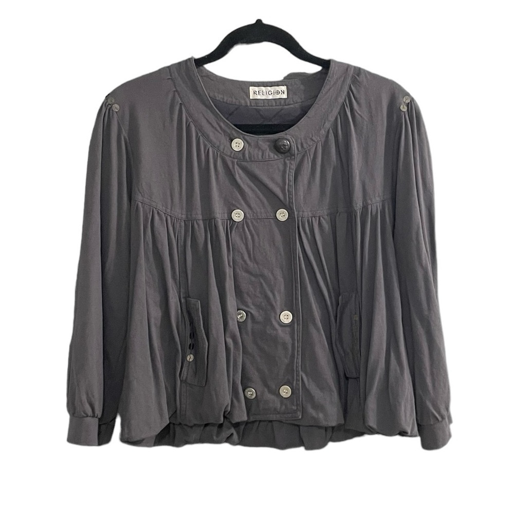 ANTHRO RELIGION Double Breasted Cotton Blazer Jacket Gray 2